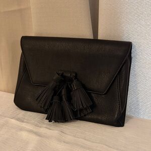 Black Leather Clutch with Tassels